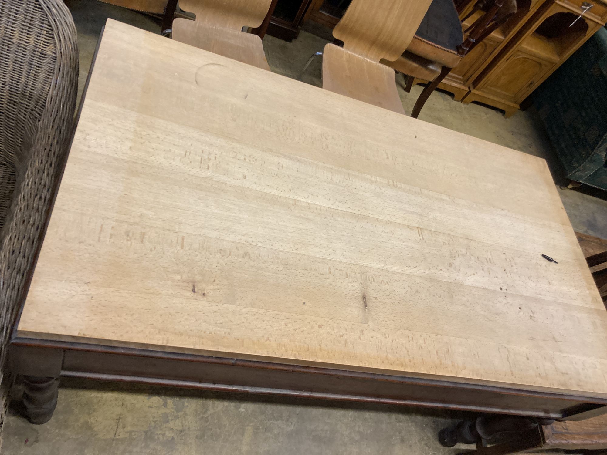 A Victorian mahogany rectangular kitchen table with associated beech top, length 150cm, depth 86cm, height 80cm